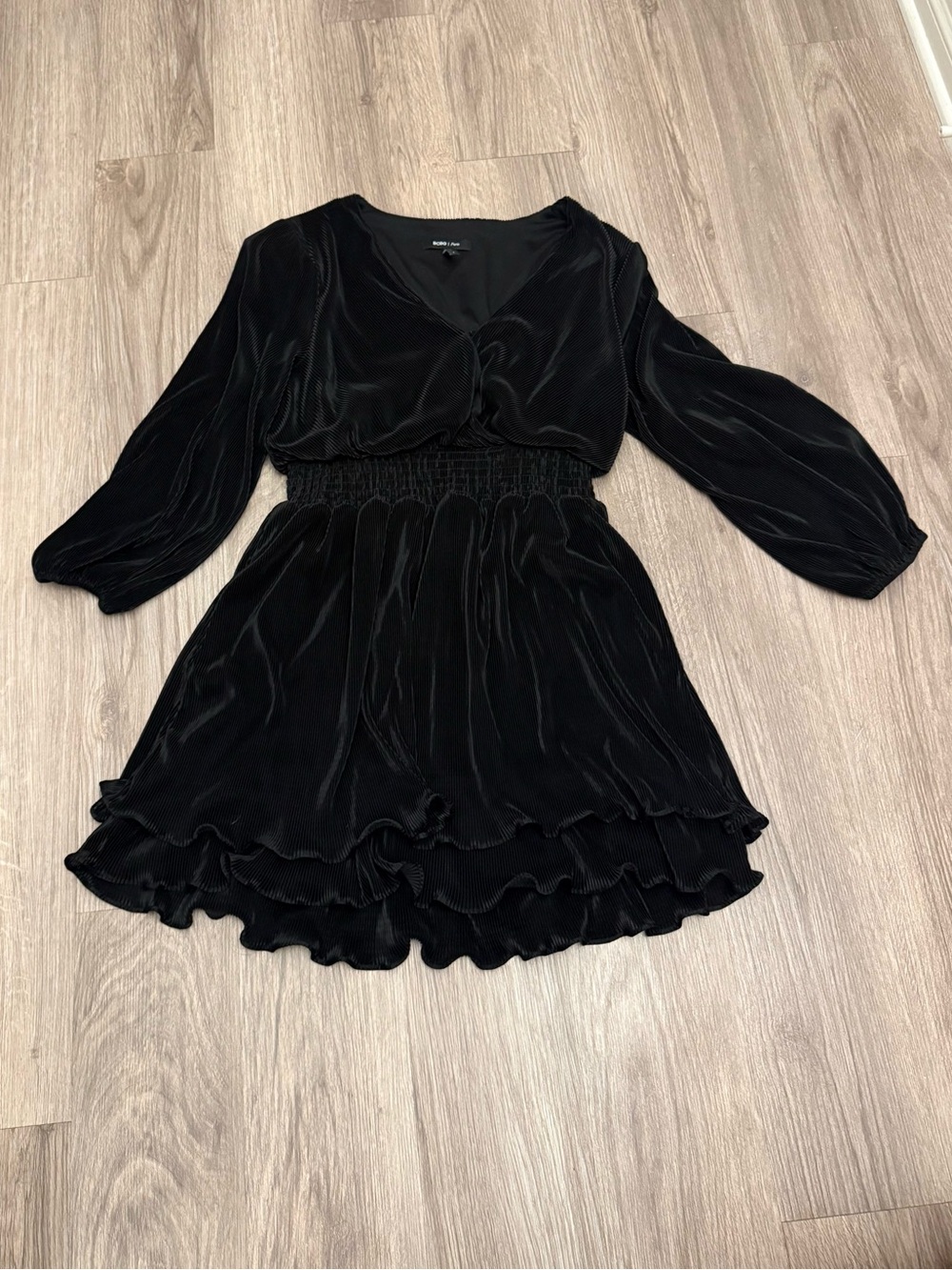 Black Velvet Smocked Waist V Neck Dress